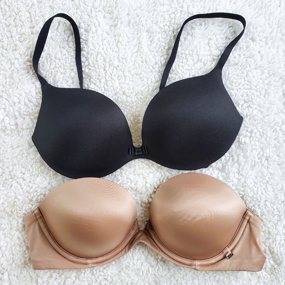 VICTORIA'S SECRET BLACK/NUDE BRA SET:NWOT/PRE-OWNED 32C INCREDIBLE + STRAPLESS - Picture 1 of 13